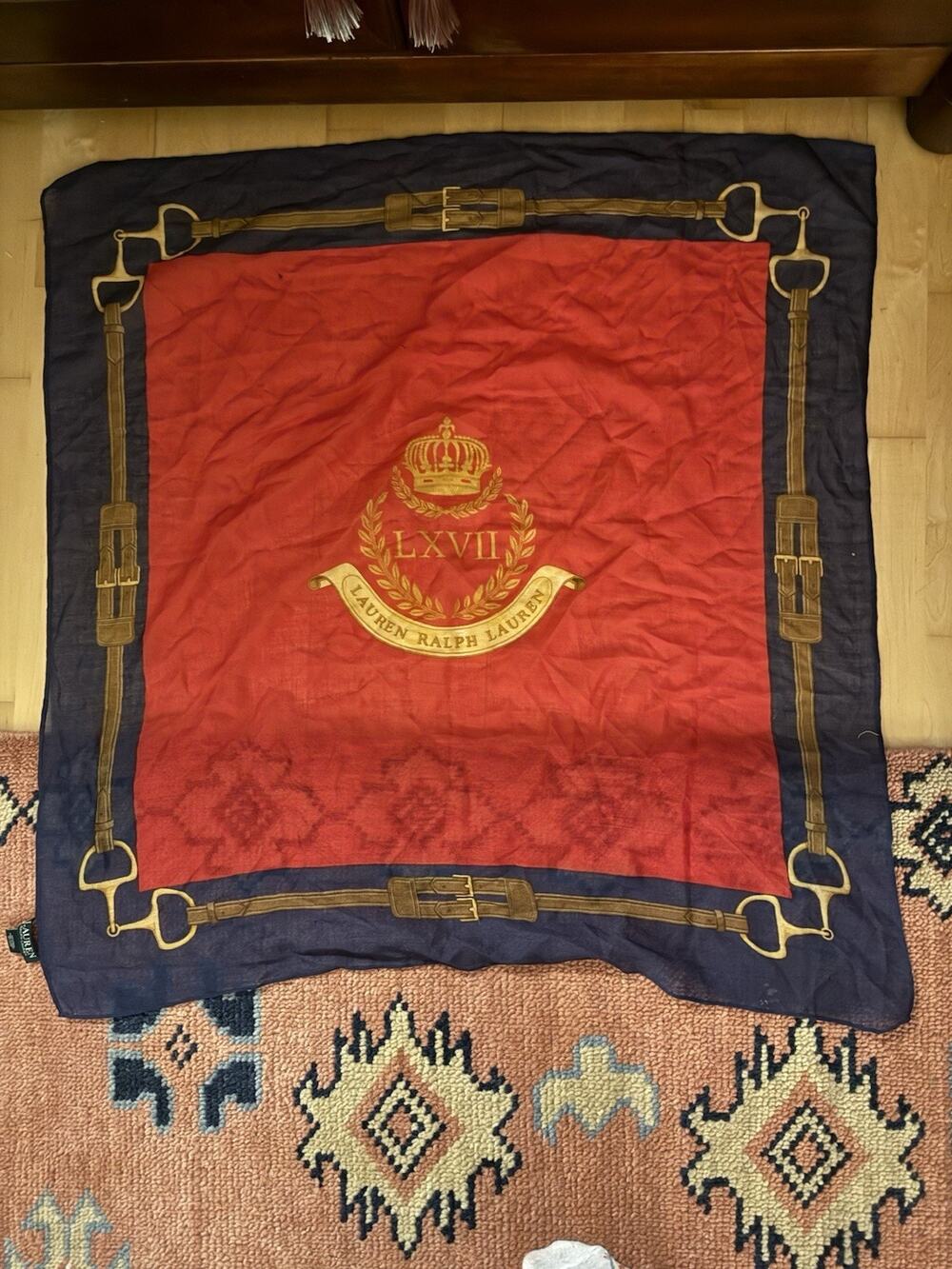 Ralph Lauren Crest Horsebit Equestrian Western Red Blue Wool scarf 35”